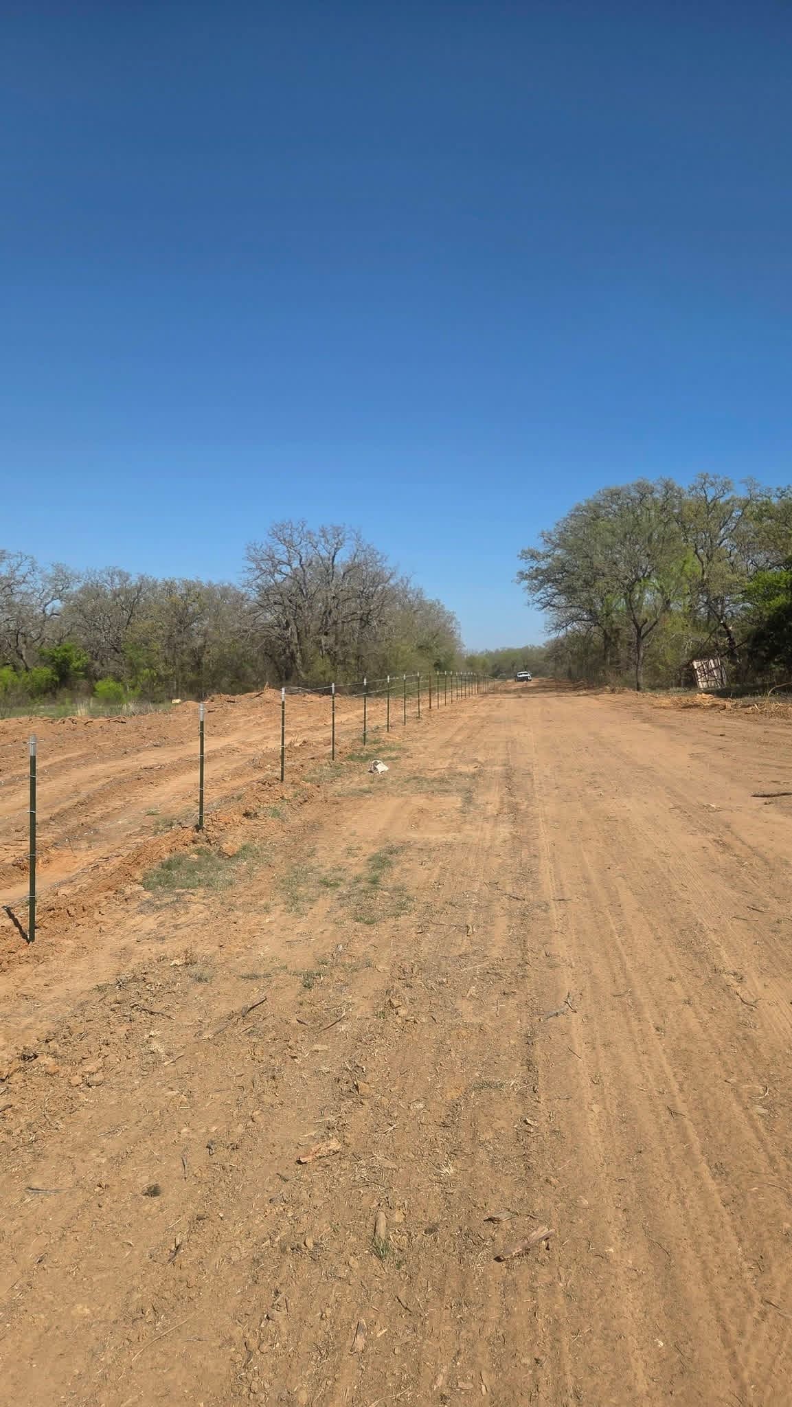 Long barbed-wire ranch fence line running beside a cleared Texas access road
