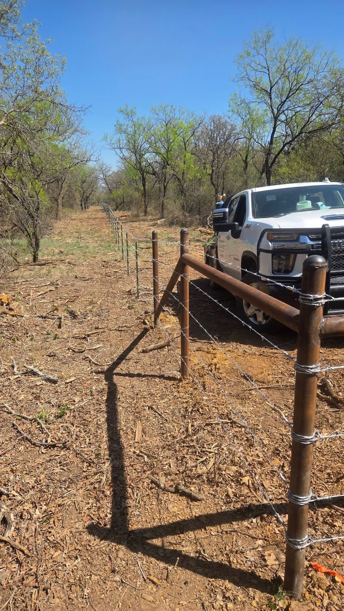 Pipe H-brace and tightly stretched barbed-wire fence installed through Texas woodland